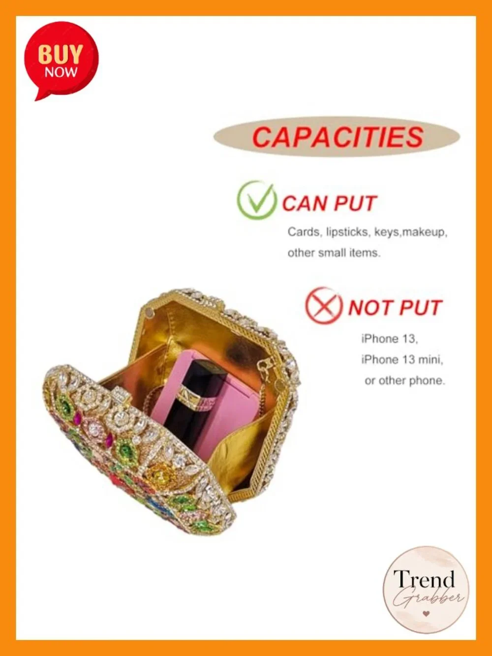 HUANG ZHUANG Crystal Clutch Evening Bag Octagonal Box Shape Rhinestone Purses